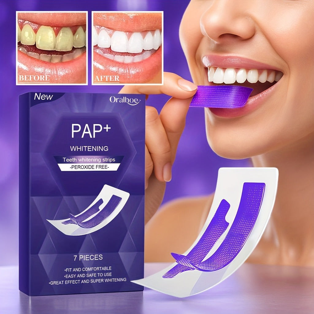 BrightBite Purple Whitening Strips — box and strips with before and after smile
